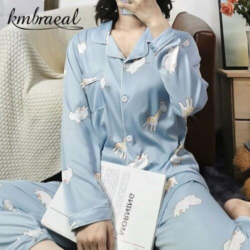 Pajamas for Womens Milk Silk Long Sleeve Cartoon Giraffe Sleepwear Nightwear Comfortable Home Clothes Loungewear Homewear M-2XL