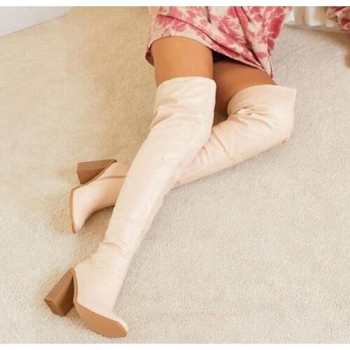 Drop Shipping Woman Fashion Black Beige Elastic Over The Knee Boots Square Toe 11 cm Chunky Heels Thigh Knight Long Boots