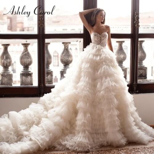 Luxury Beaded Princess Tulle Wedding Dress 2021 Detachable Off Shoulder Ruched Sleeve Ashley Carol Bride Gown Vestido De Noiva