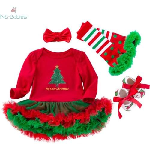 Christmas Baby Girls Clothes Newborn Romper Dress Lace Cartoon Costume Print Birthday Party Dresses+Hairband Shoes Set 4pcs 2020
