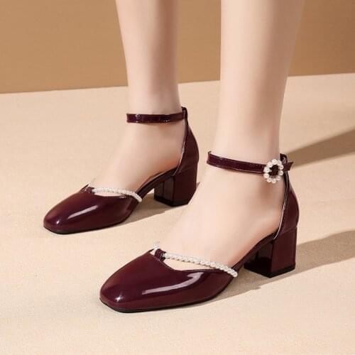 Summer Sandals String Bead Women Shoes Woman Square Thick Mid Heels Buckle Strap Cover Round Toe Pu Leather Ladies Casual Shoes