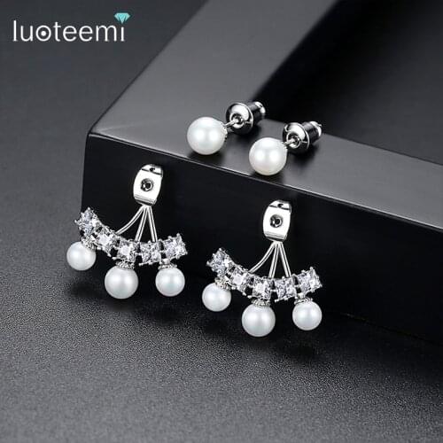 LUOTEEMI Cubic Zirconia Double Ways Imitation Pearl Drop Earrings for Women Bridal Sea Shell Pearl Earrings Wedding Jewelry