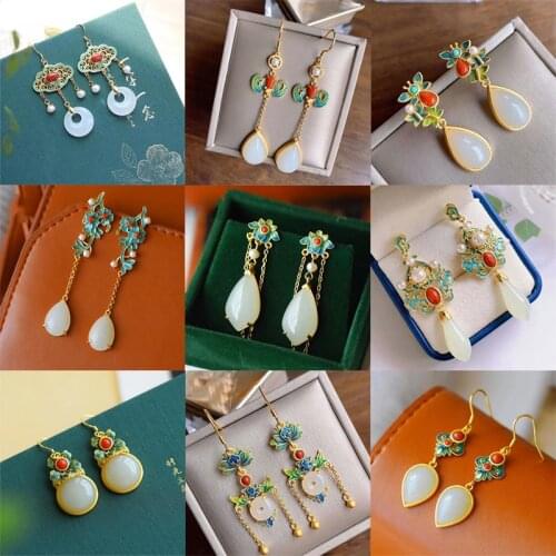 Natural Hetian jade enamel porcelain Earrings Chinese retro court style unique ancient gold charm womens silver jewelry