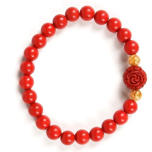 Deep red with flowers 11 MM pendant and art-ificial 7 MM Unique Tiny red beads Cinnabar red Bracelet