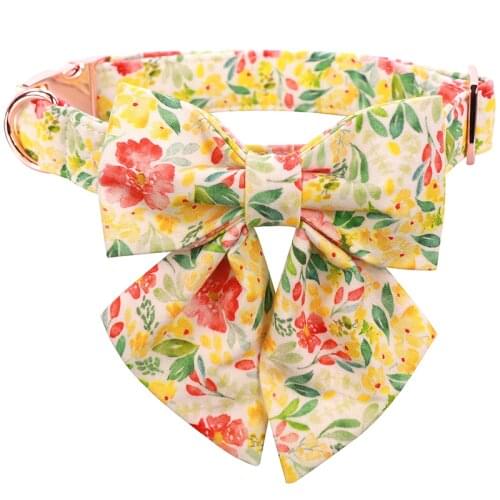 Unique style paws Spring Flory Yellow Dog Collar Puppy Collar with Bowtie Adjustable Dog Collar Pet Gift for Small Medium Large