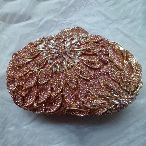 Handmade Pink Rhinestone Evening Clutch Bags Fashion Gold Metal Womens Party Purse Fashion Ladies Hollow Out Dinner Handbags