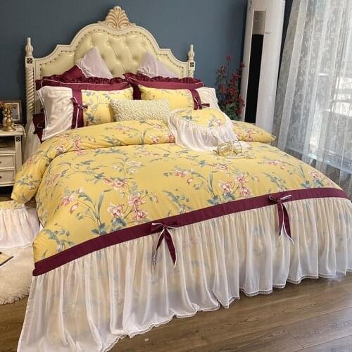Yellow French Pastoral Style Long Staple Cotton Flowers Printing Princess Bedding Set Lace Duvet Cover Bed Skirt Pillowcases