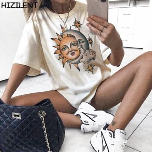 Women t-shirts Y2K korean White sun print Oversized Tshirt Tops harajuku vintage Women top Aesthetic goth graphic grunge clothes