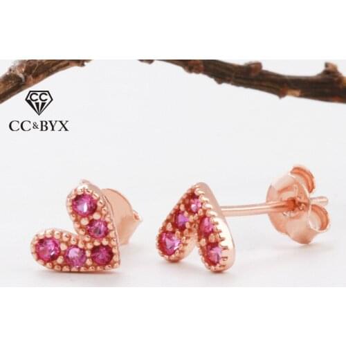 925 Sterling Silver Stud Earrings For Women Red Heart Cubic Zirconia Rose Gold Mini Earring Elegant Jewelry Drop Shipping CCE658