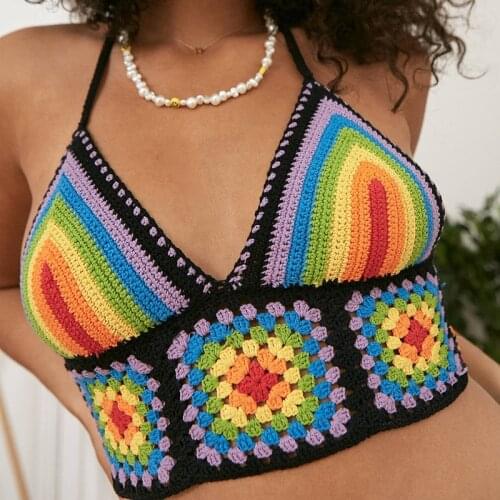 Y2K Bohemian Knitted Cami Top Beach Style Summer Vacation Chic Women Sleevless V-neck Backless Crop Top Mini Vest Handmade