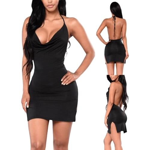 Women Fashion Sexy Close-fitting Dress Solid Color Deep V-neck Sleeveless Short Backless Bodycon Halter Slit Sexy Mini Dress