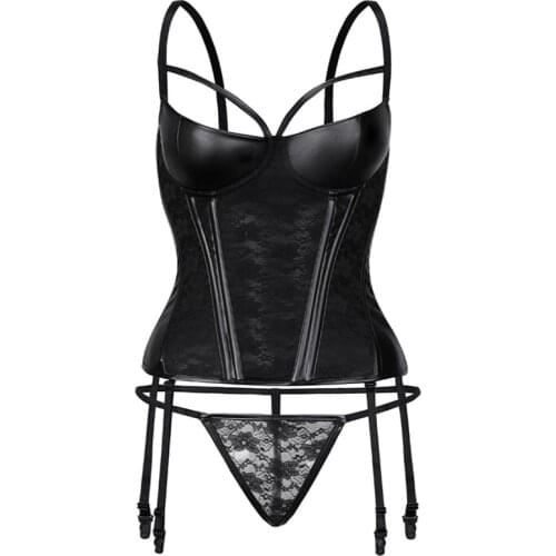 Womens Sexy Underwear Elasticity Corset Black Leather Sexy Body Bustier Overbust With Straps Belt Breathable Fabric Lingerie