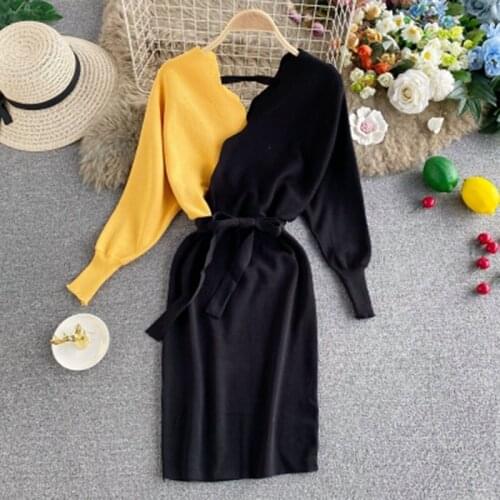 2021 Elegant Sashes V Neck Knit Dress Women Sexy Backless Autumn Long Sleeve Sweater Dress Ladies Bodycon Short Dress