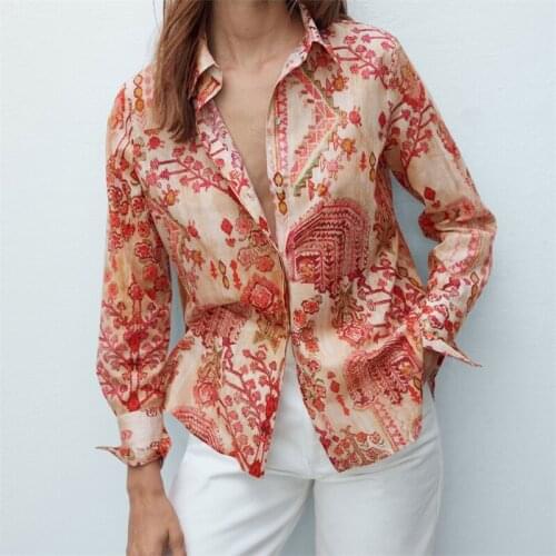 ZXQJ Women 2021 Fashion Totem Print Loose Blouses Vintage Long Sleeve Button-up Female Shirts Blusas Chic Tops