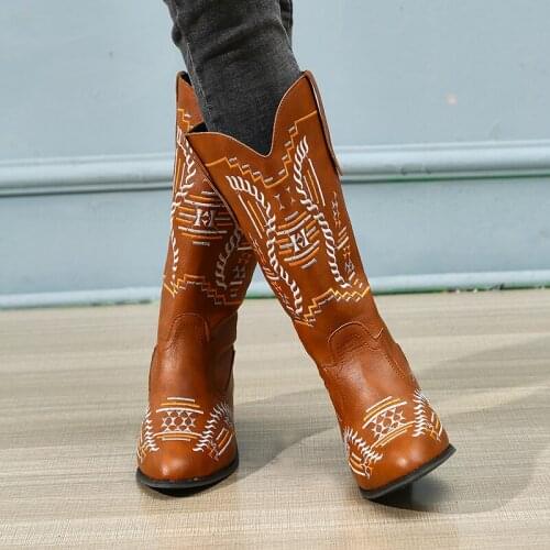 2021 Winter Sewing Fashion Womens Western Boots Pointed Toe Mediumn Square Heel Mid-Calf Casual Solid Slip-On Female Shoes