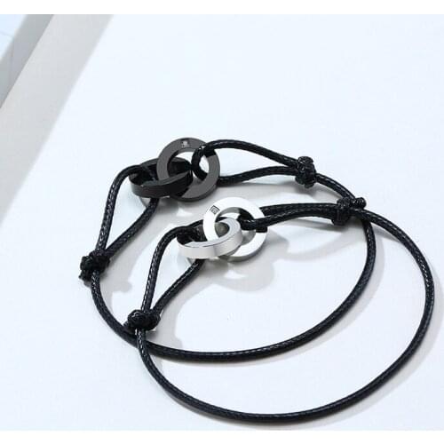Double Circle Hoop Knot Lovers' Rope Bracelet Simple Adjustable Handmade Braided Rope Wrist Band for Women Men Gift