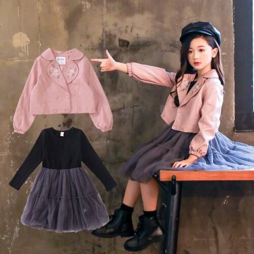 2019 New Children Girl Fashion Clothing Set Flower Embroidery PU Jacket+TUTU Dress,Girls Kids Spring Autumn Clothes Suits 4-14T