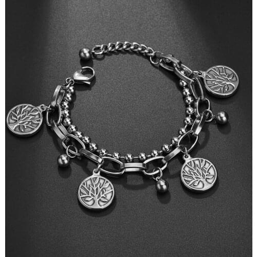 Double-layer Chain Tree Of Life Pendant Bracelets Stainless Steel Heart Charm Bracelet For Men Women Bangles Hip-hop Jewelry