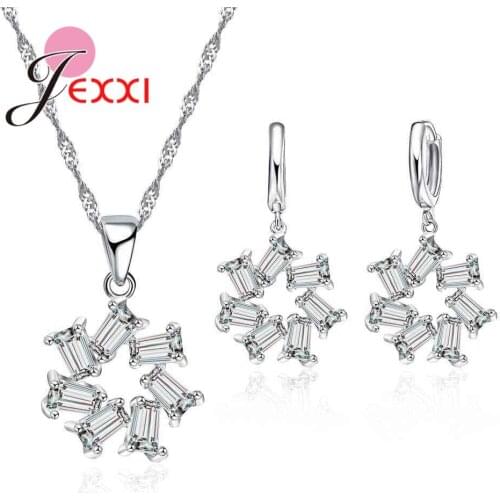 Elegant Cubic Zironia Flower Pendant Necklace Earrings Sets For Women 925 Sterling Silver Link Chain Jewelry Set Wholesale