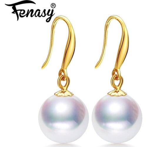 FENASY 18K Gold earrings pearl Jewelry round pearl 18k yellow gold stud earrings for women gift box long earrings for love