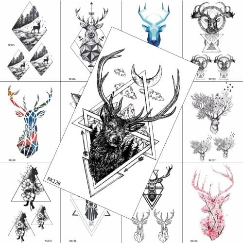 Geometric Elk Moon Mountain Temporary Tattoos Fake Body Art Drawing Arm Chest Tattoos For Men Women DIY Realistic Sheets Sticker