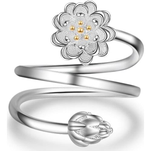 Hot Selling Three Lines Lotus Wedding Rings For Women Vintage Adjustable Flower Ring Silver Anel Feminino Christmas