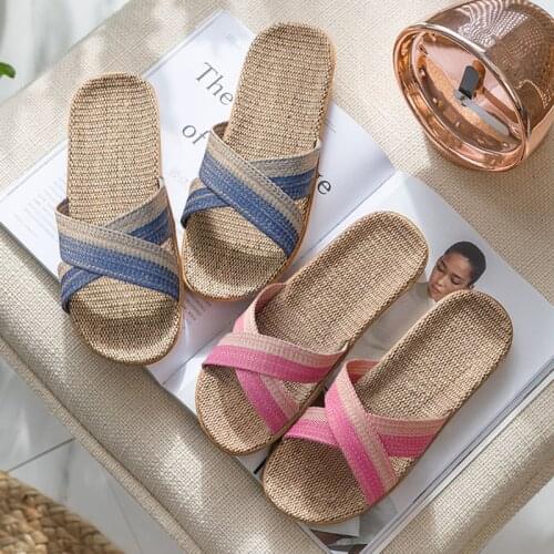 Summer Women Home Indoor Slippers Flip Flops Flax Casual House Shoes Sandals Female Anti Skid Linen Belt Bedroom Slipper Slides