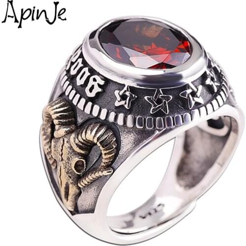 Apinje Solid 925 Sterling Silver Jewelry Men Ring Garnet Cubic Zircon Male Rings Openning Size 7 to 12