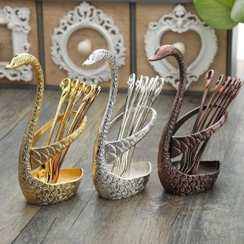 Swan Base Holder Fruit Forks Set Stainless Steel Salad Dessert Forks Spoon Coffee Cake Tools Tableware