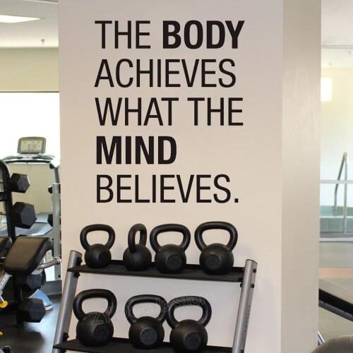Gym Stickers Quotes The Body Achieves What The Mind Believes Sports Exercise Inspirational Quote Wall Decal Workout Fitness Z808