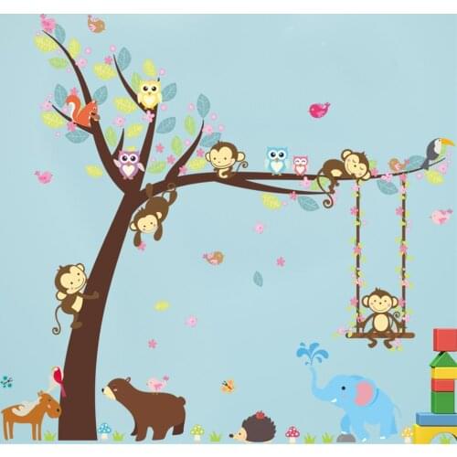 Forest Tree Cartoon Animal Wall Stickers Kids Boys Girls Children Bedroom Nursery Home Decor Monkey Bear Deer Owl Elephant Decal