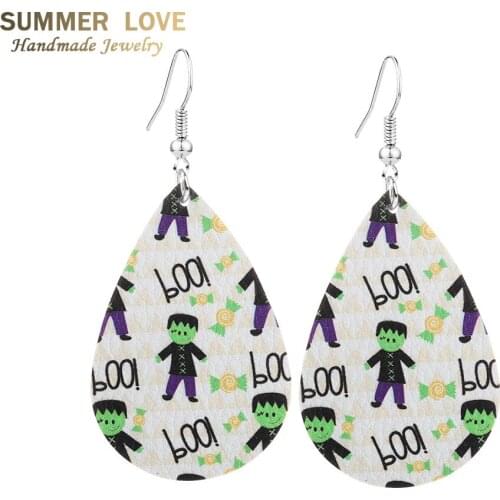 New Multi-Color Halloween Faux Leather Earrings for Women Pumpkin Skull Print Teardrop Long Dangle Earrings Cool Girls Jewelry