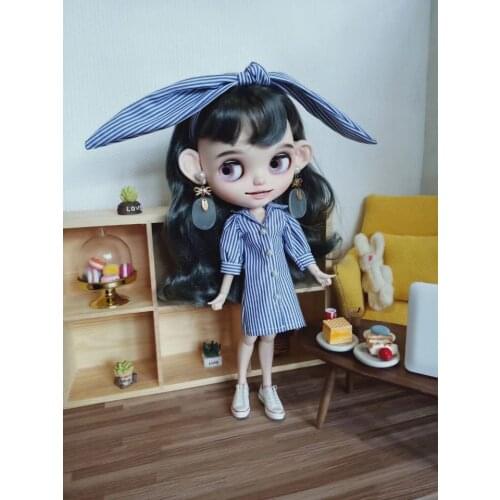 Blythes size doll clothing blue stripe dress + blue stripe bow hair band blythes size 1/6 size doll accessories
