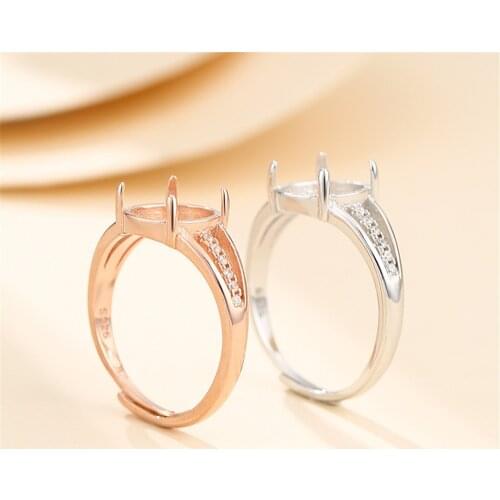 Ring Setting for 8x9mm Oval Cabochons Ring Base Gold Plated 925 Silver Zircon Adjustable Ring Blank SR0337