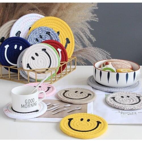 Coaster Cotton Thread Braid Heat Insulation Cute Smiley Cup Pad Family Office Non-slip Placemats Tablemat Kitchen Accessories