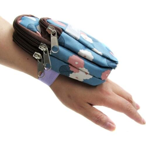 Portable Bag Wrist Bracelet Purse Handbags Arm Package Three Zipper Flower Fabric For Women Men Halter Bags