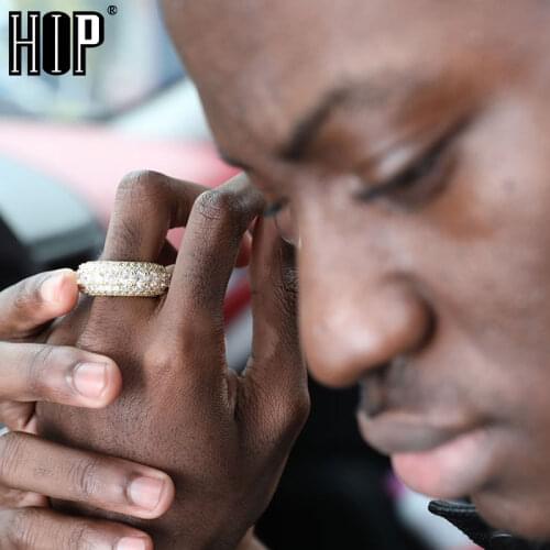 Hip Hop Rotatable 5 Row Iced Out Bling Full CZ Charm Tready Copper Cubic Zircon Ring For Men Jewelry Gold Size 8-11