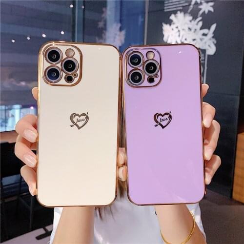 Luxury Gold Heart Plated Case for iPhone 12 11 Pro Max X XS XR 7 8 Plus 12 MINI SE 2020 Silicon Square 6D Electroplate Cover