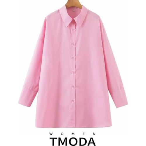 TMODA1855 ZA 2021 Summer Women Long Sleeve Pink Shirts Oversized Blouse Office Lady Female Single Breasted Loose Tops Female