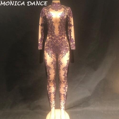 Sexy Stage Purple Crystals Bodysuit Female Singer Stage Costume Party Celebrate Glisten Rhinestones Stretch Leotard Stage Wear