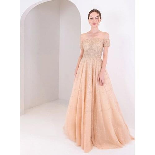 2020 Couture Gold Off the Shoulder Evening Dress Crystals Beaded Aline Formal Gown Evening Party Dresses