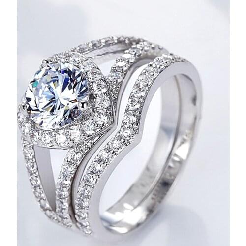 USTAR 2pcs/set V Shape heart wedding rings for women fashion jewelry AAA Cubic Zircon silver color engagement rings female anel