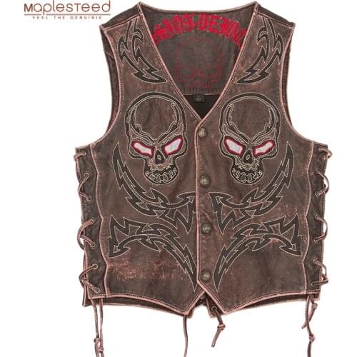 Vintage Skulls Embroidery Motorcycle Leather Vest 100% Genuine Cowhide Short Men Biker Leather Vest Moto Leather Waistcoat M450