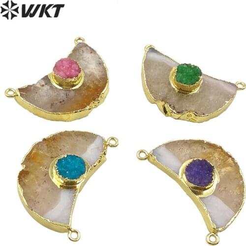 WT-P1512 Newest fashion natural stone quartz pendant crescent shape with gold Electroplated double loops woman necklace pendant