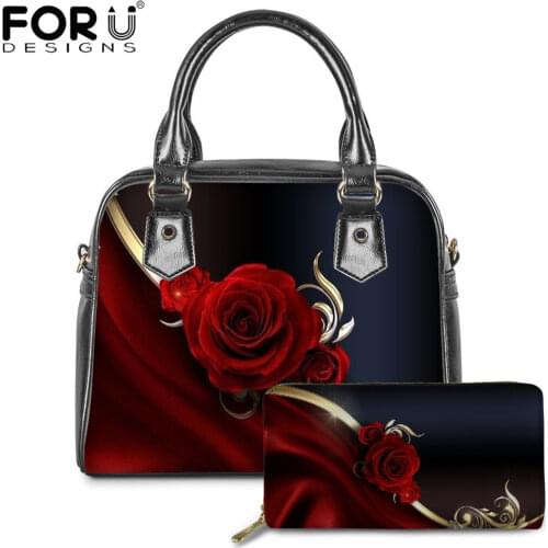 FORUDESIGNS Bolsa Feminina Gothic Rose Floral Style Ladies Handbags Casual Pu Leather Women Cross Body Bags Fashion 2pcs/Set Bag