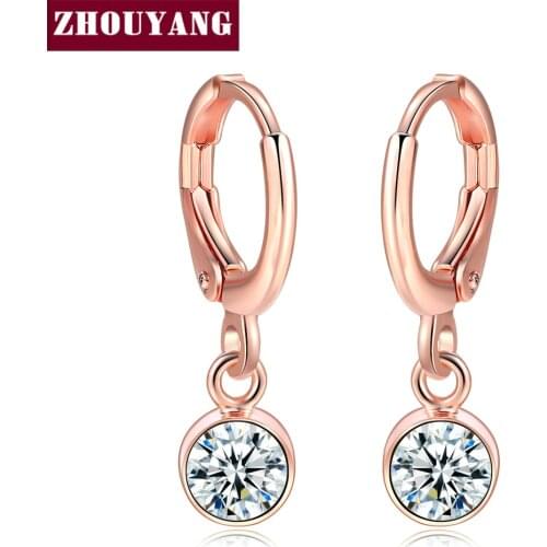 ZHOUYANG Drop Earring For Women Simple OL Pink Clear Cubic Zirconia Rose Gold Color Birthday Gift Fashion Jewelry E815 E816