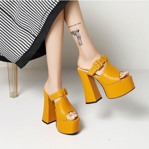 N-Y All Melody Women Modern Outdoor SlippersSuper High Thick Heel Platform Solid Lesiure Yellow Black Big Size to 43 Botas Mujer
