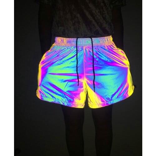 Dropshipping women summer rainbow color reflective shorts elastic waist nightclub stage costume woman casual loose short pants