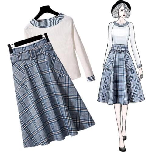 Stylish Plaid A-Line Skirt Chic 2 Piece Set Women Outfit Korean Fashion Slim Long Sleeve Crew Neck Knitwear And Midi Skirt Suit