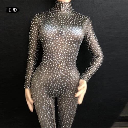 Full Rhinestone Women Party Jumpsuit sexy Tight Fitting Black Rompers Singer Dancer Club Bodysuits bar dj designer high quality